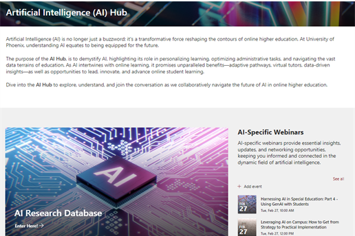 University of Phoenix' AI Hub including webinars, research pieces and articles